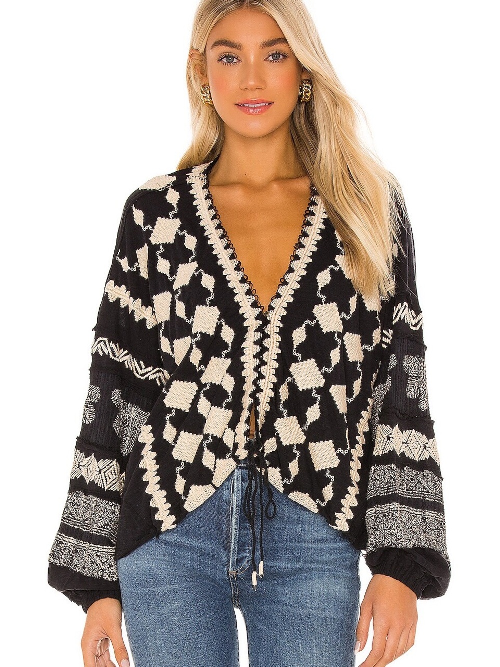 Free People Home Town Cardigan Top Boho Embroidered Peasant V Neck - Size Large